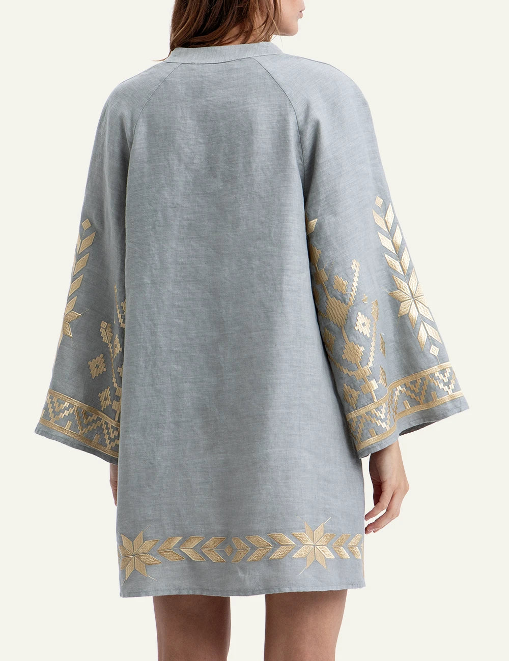 Greek Archaic Kori IOS light blue embroidered mini dress back view