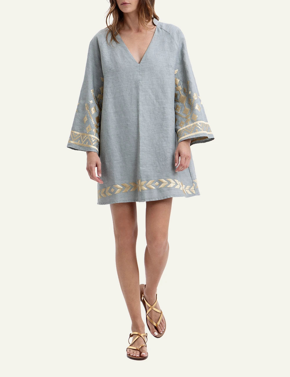 Greek Archaic Kori IOS light blue embroidered mini dress front full body view