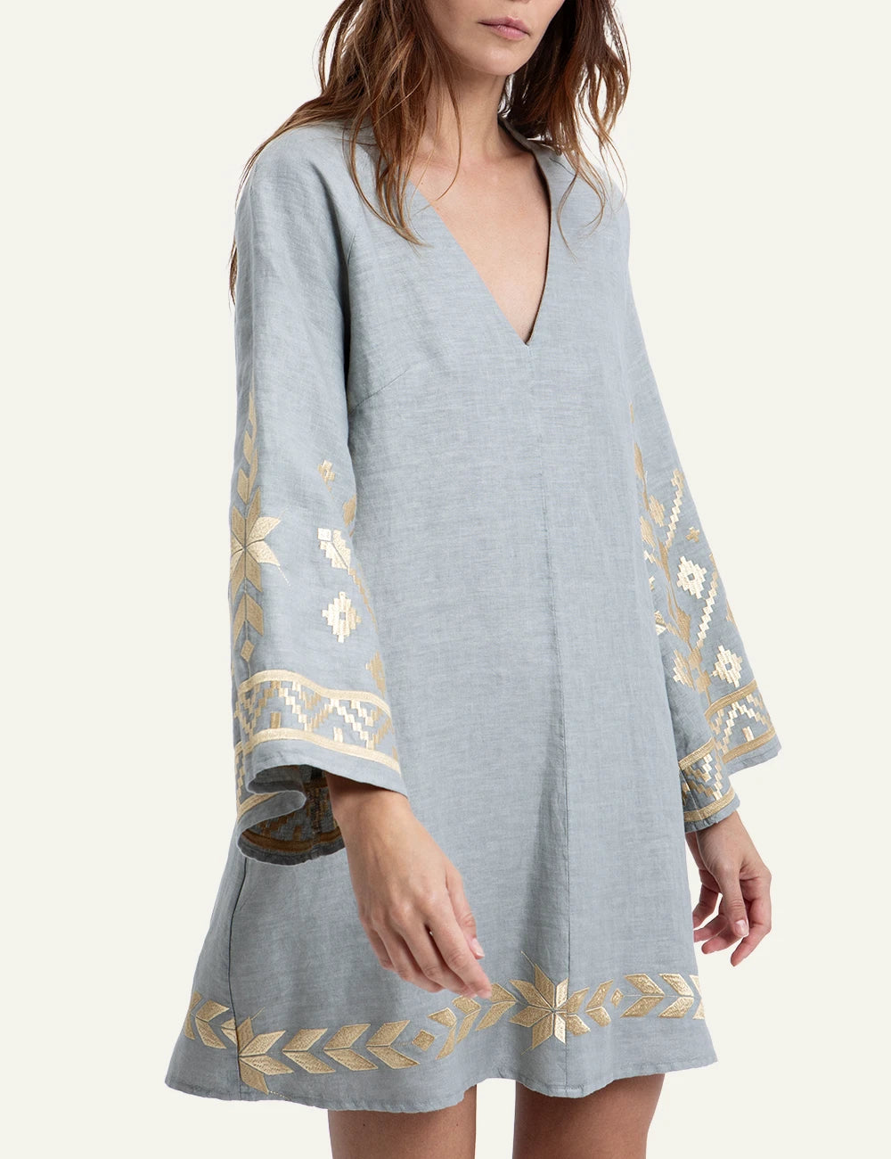 Greek Archaic Kori IOS light blue embroidered mini dress front view