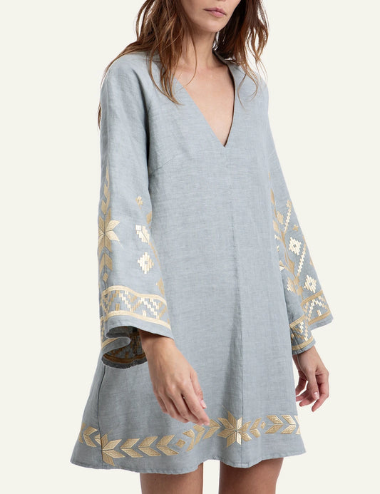 Greek Archaic Kori IOS light blue embroidered mini dress front view