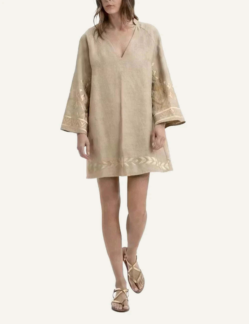 Greek Archaic Kori ios mini dress beige gold front