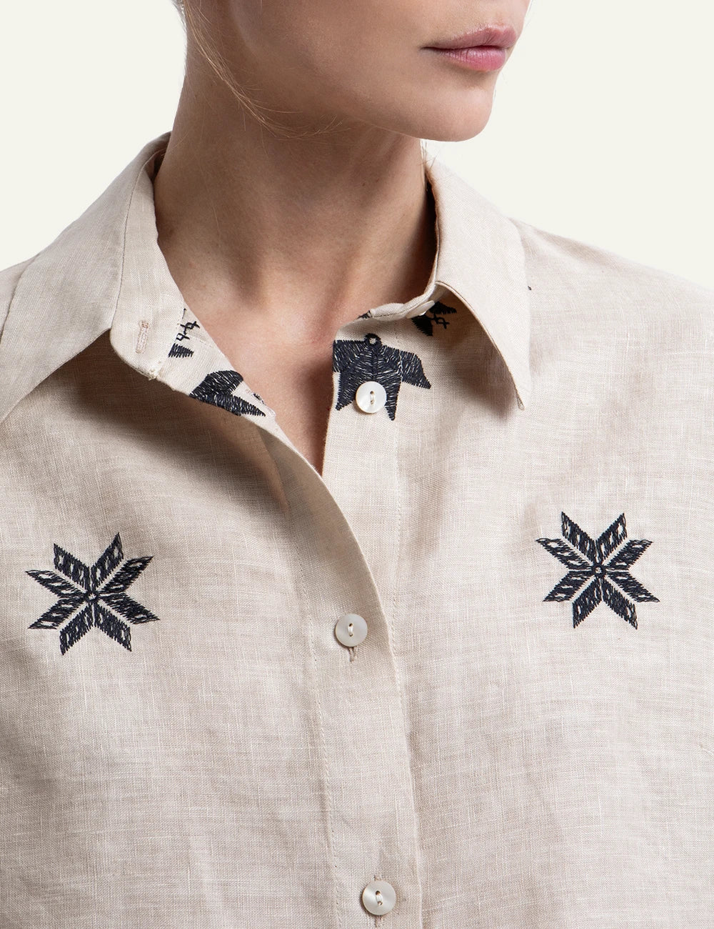 Greek Archaic Kori cropped shirt Lefkad embroidered linen front detail view