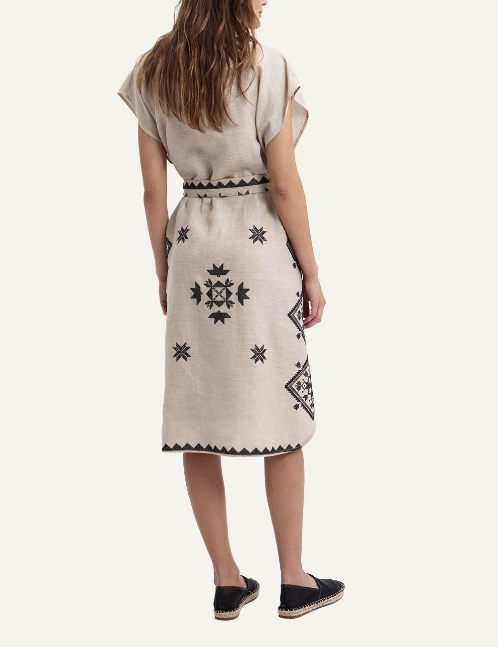 Greek Archaic Kori Lefkada embroidered linen maxi dress back view