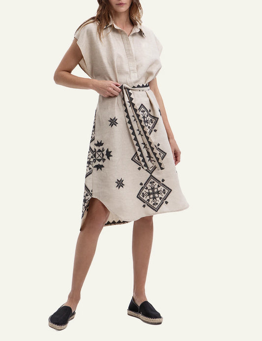 Greek Archaic Kori Lefkada embroidered linen maxi dress front view