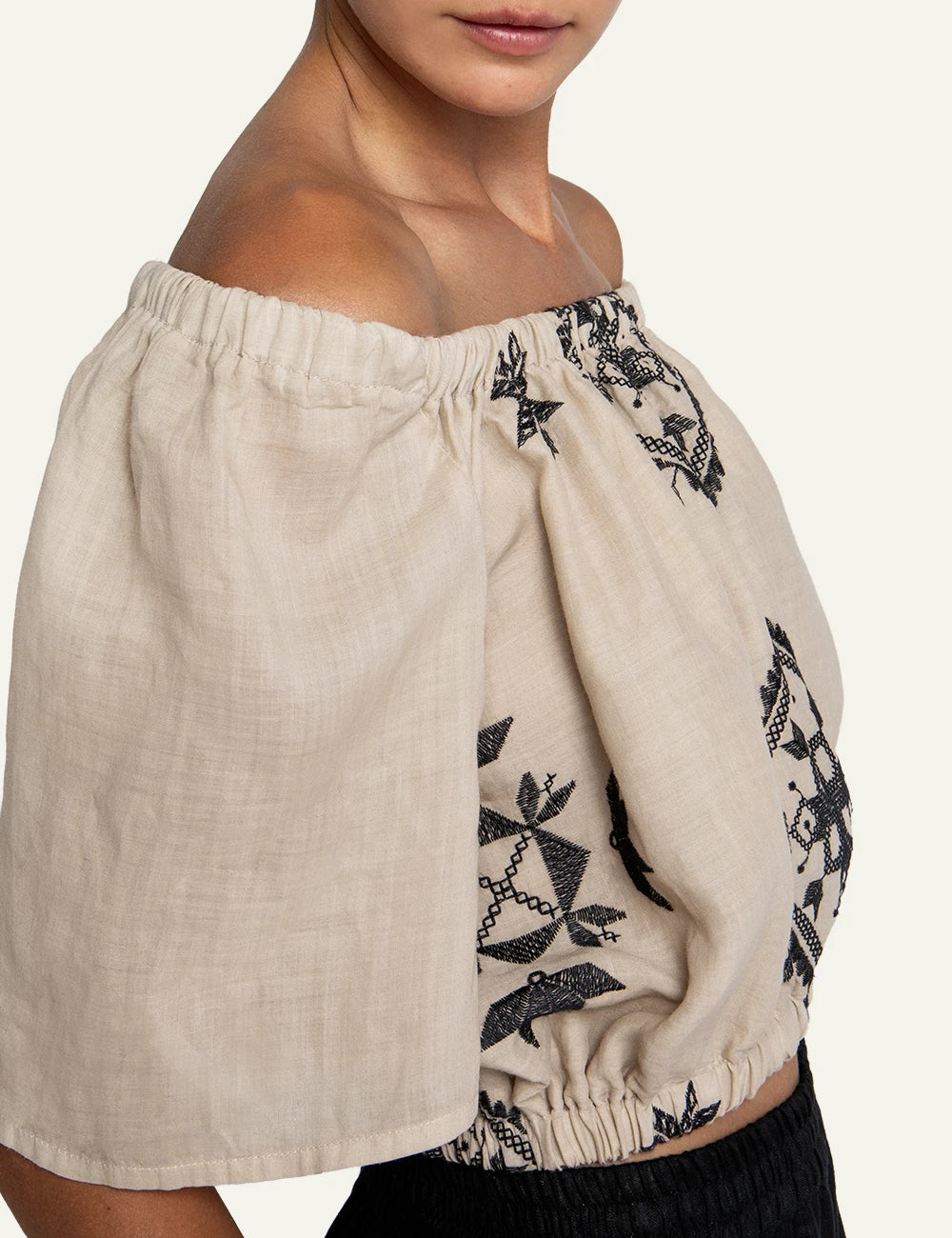 Greek Archaic Kori Lefkada embroidered linen off shoulder top side view