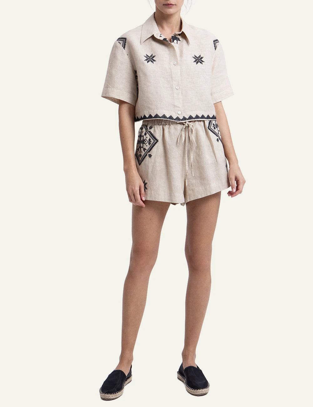 Greek Archaic Kori Lefkada embroidered linen shorts front full body view