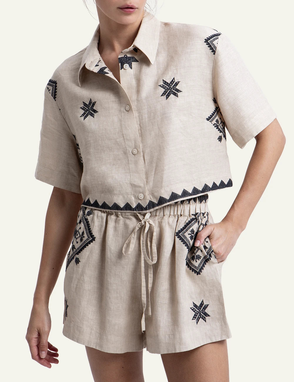 Greek Archaic Kori Lefkada embroidered linen shorts front model view