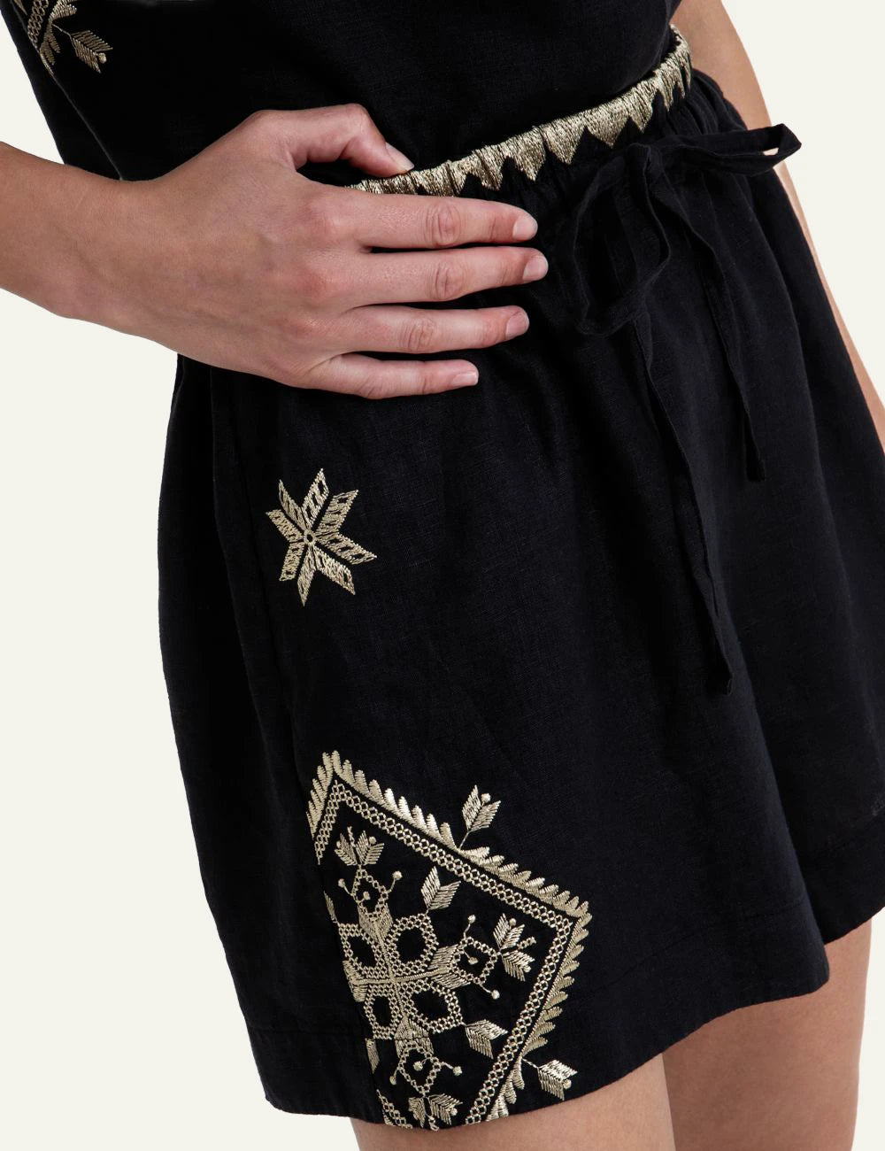 Greek Archaic Kori lefkada shorts black gold embroidery front detail