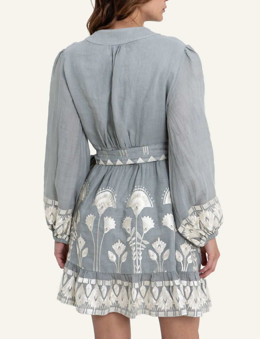 Greek Archaic Kori mini papyrus dress stone champagne back look