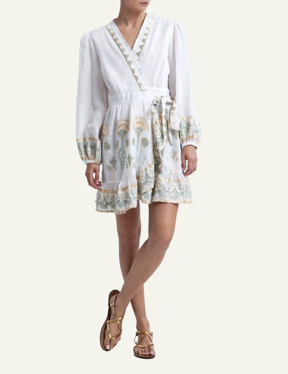 Greek Archaic Kori mini papyrus dress white mint embroidery front look