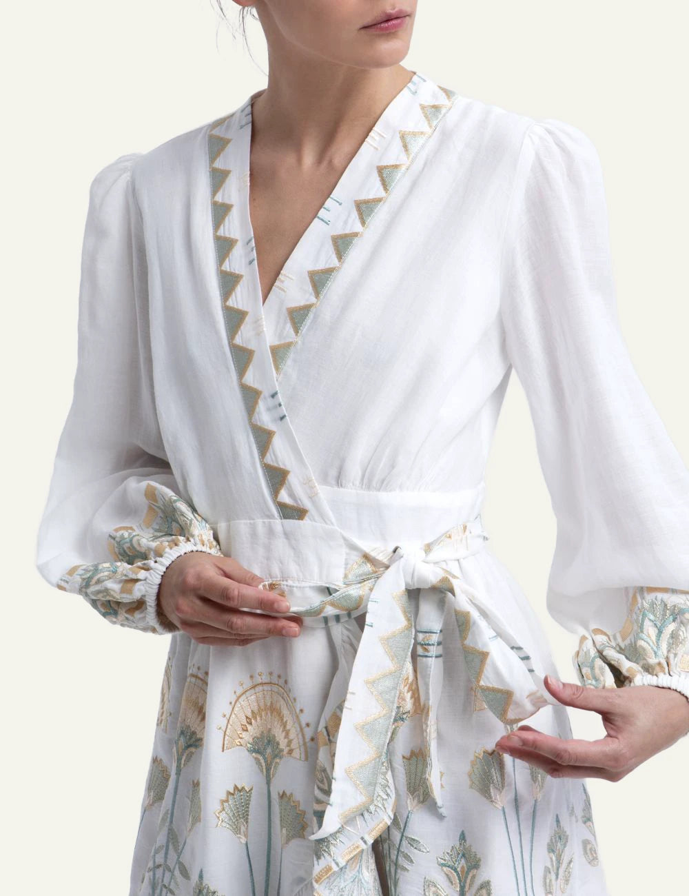 Greek Archaic Kori mini papyrus dress white mint embroidery front detail look