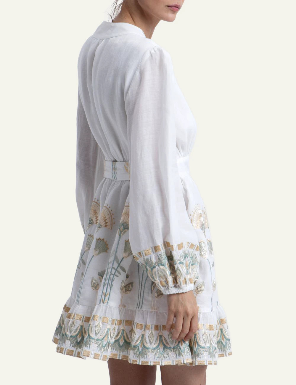 Greek Archaic Kori mini papyrus dress white mint embroidery side look