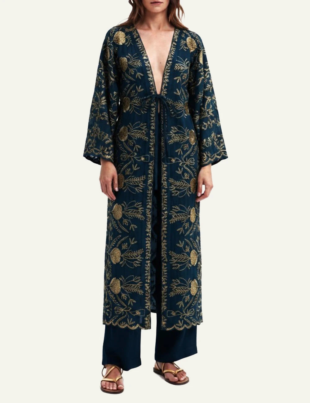 Greek Archaic Kori blossom long kimono navy front