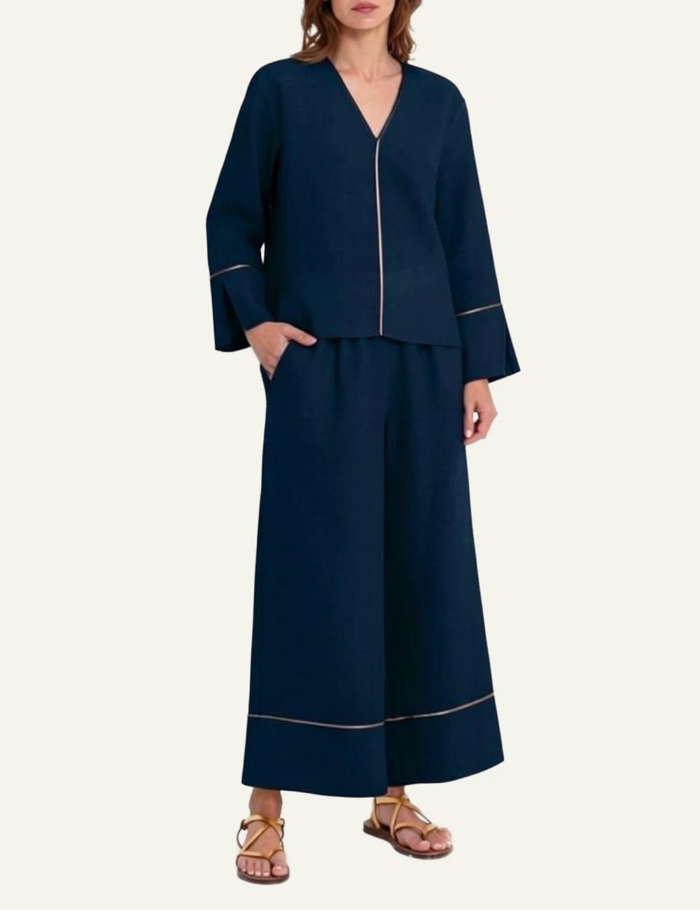 Greek Archaic Kori navy gold blouse long sleeve front