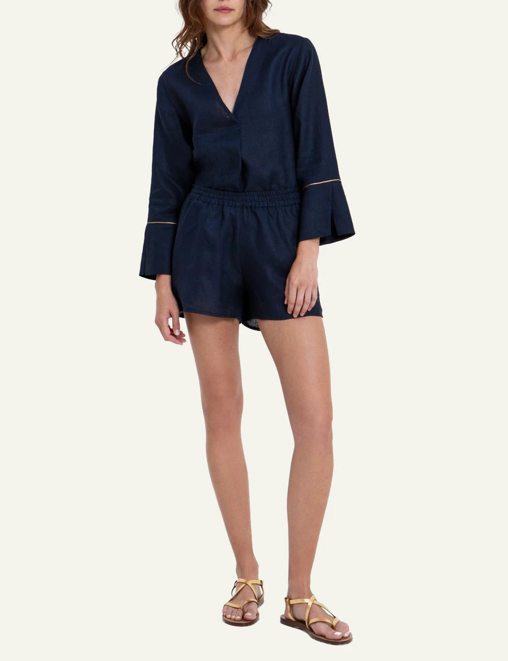 Greek Archaic Kori navy shorts elastic waist front full body view