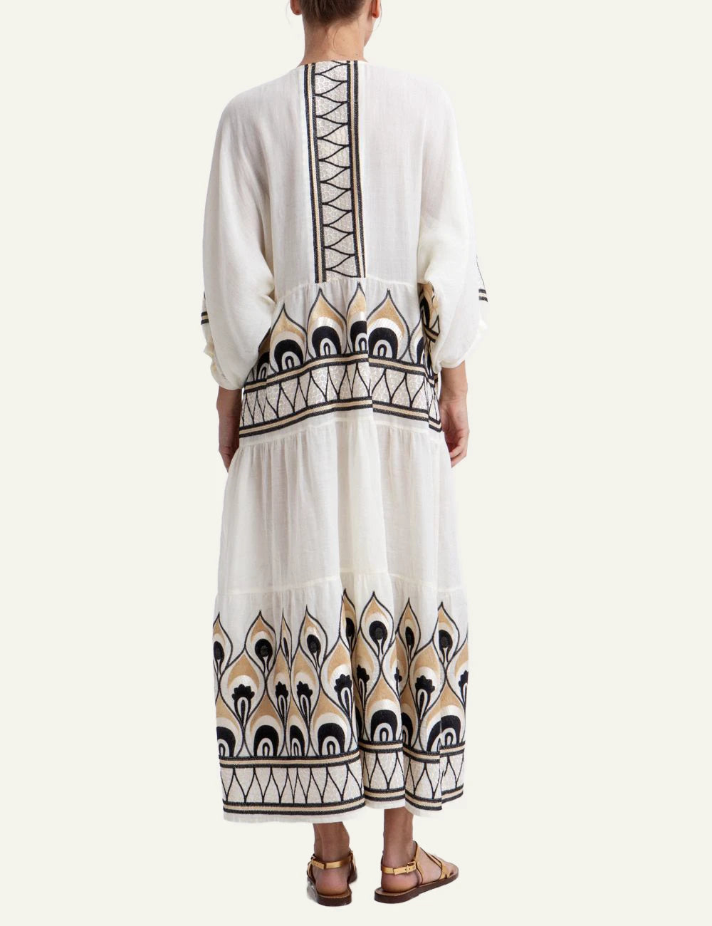 Greek Archaic Kori phoenix maxi dress ivory black gold embroidery back