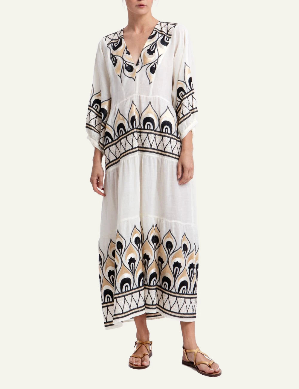 Greek Archaic Kori phoenix maxi dress ivory black gold embroidery front