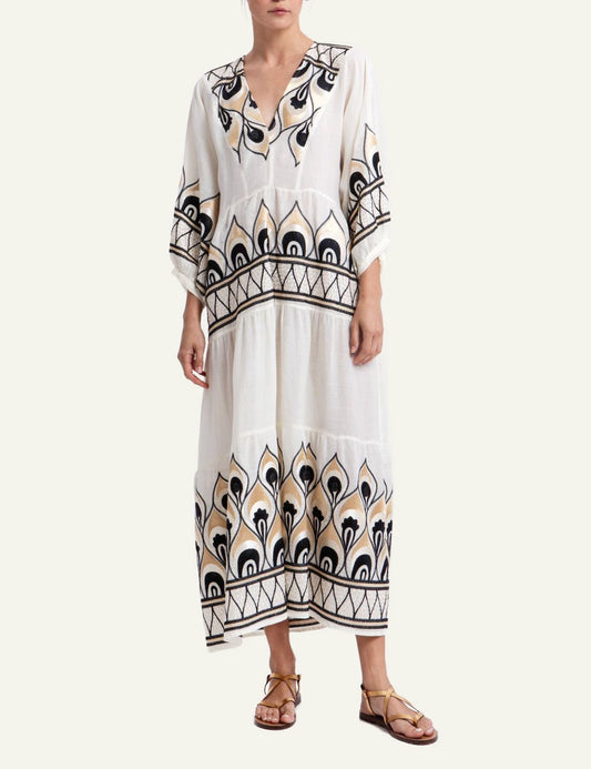 Greek Archaic Kori phoenix maxi dress ivory black gold embroidery front