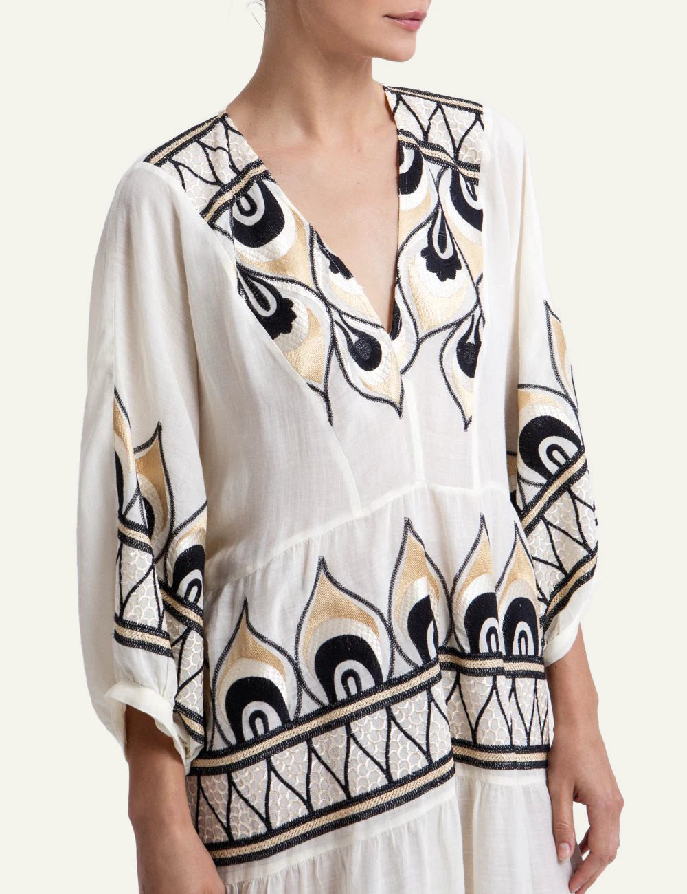 Greek Archaic Kori phoenix maxi dress ivory black gold embroidery side