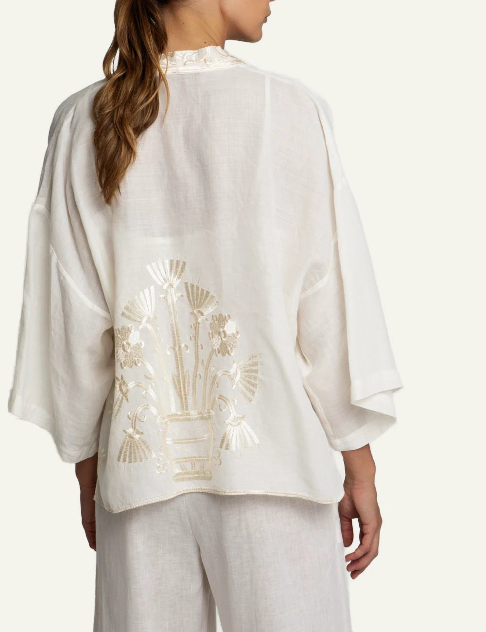 Greek Archaic Kori short crete kimono off white embroidered back