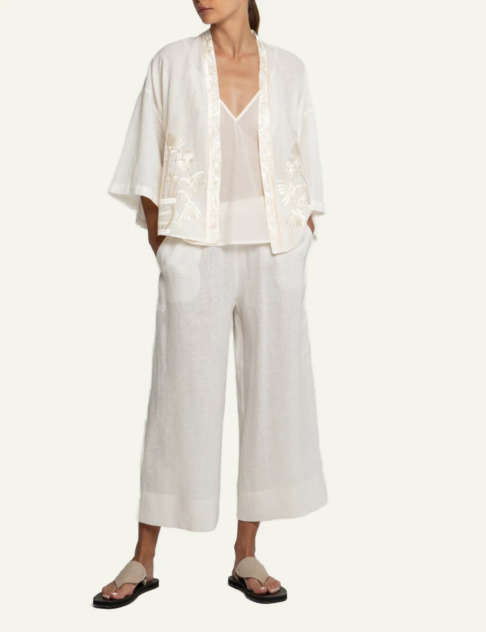 Greek Archaic Kori short crete kimono off white embroidered front