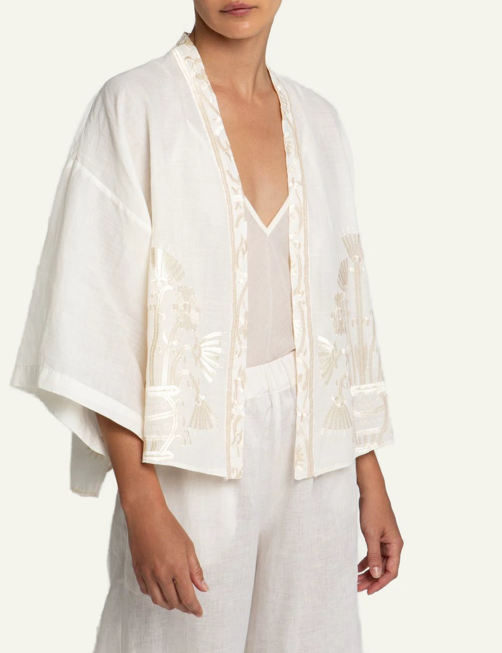 Greek Archaic Kori short crete kimono off white embroidered detail