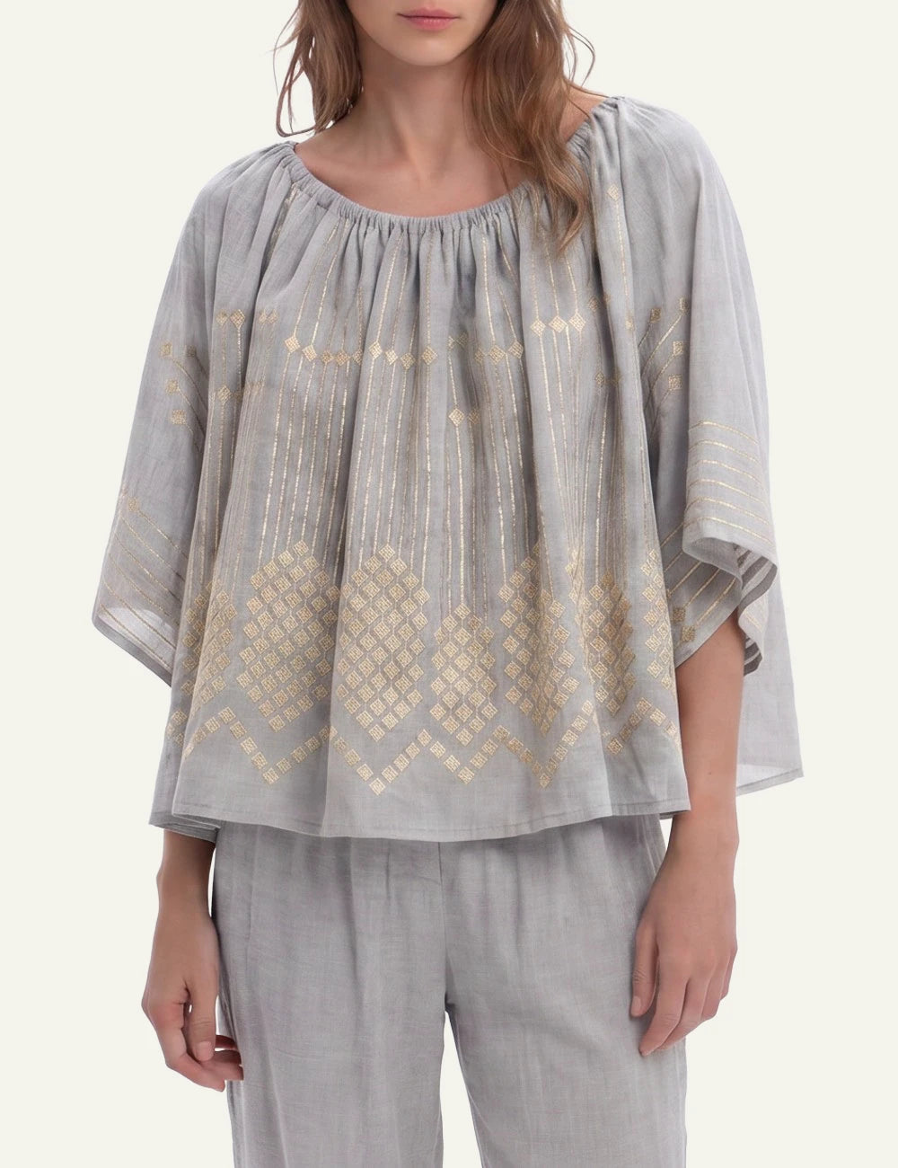 Greek Archaic Kori grape blouse stone gold front