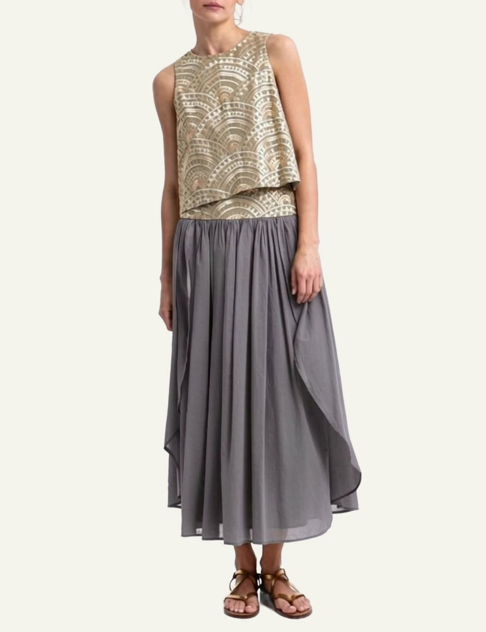 Greek Archaic Kori long skirt stone grey front