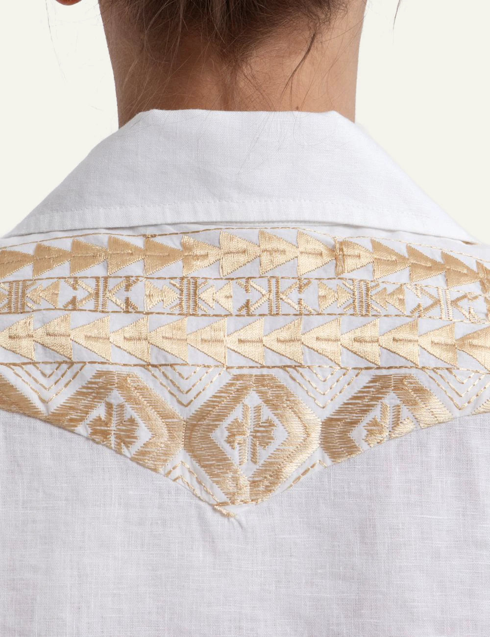 Greek Archaic Kori white cropped shirt gold embroidery back detail