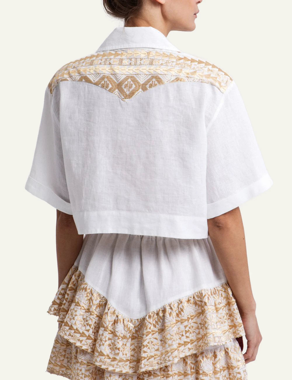 Greek Archaic Kori white cropped shirt gold embroidery back