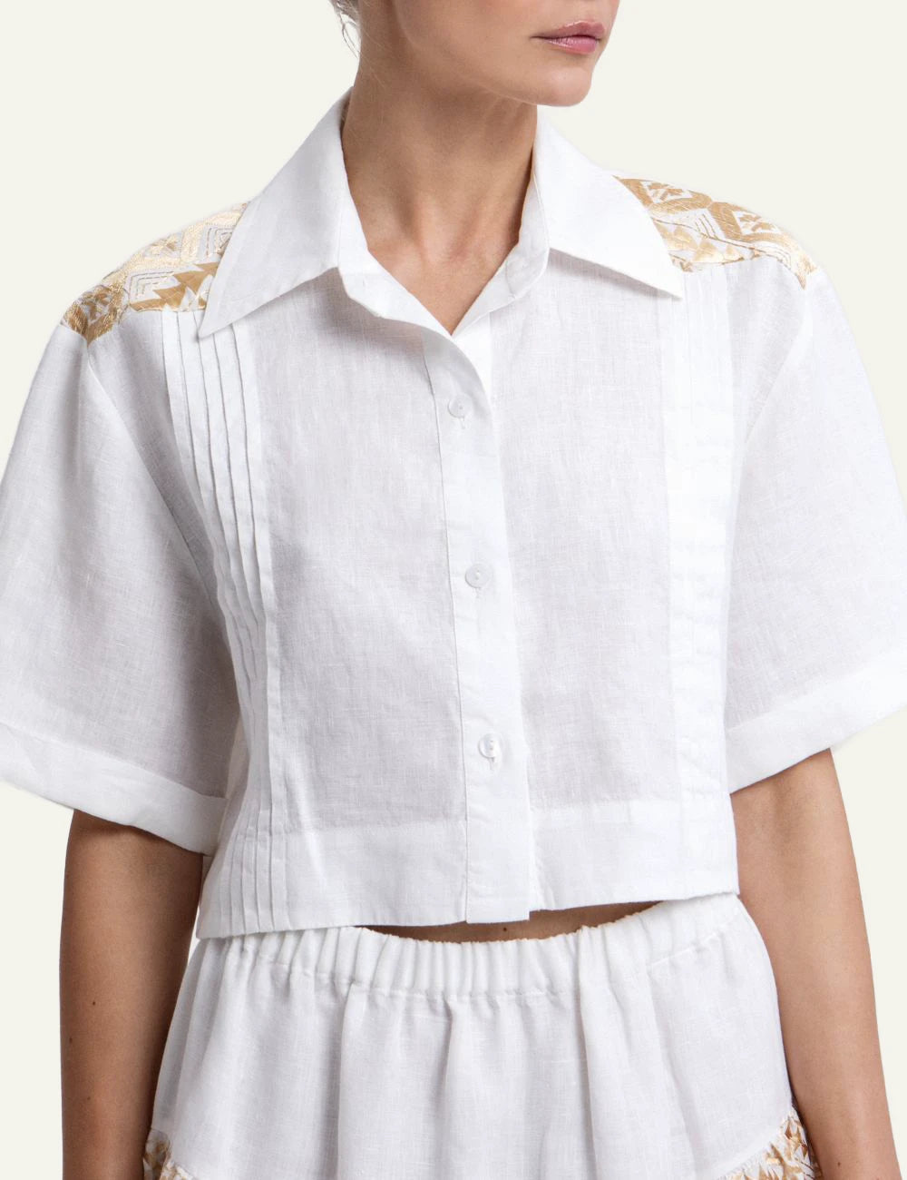 Greek Archaic Kori white cropped shirt gold embroidery front detail