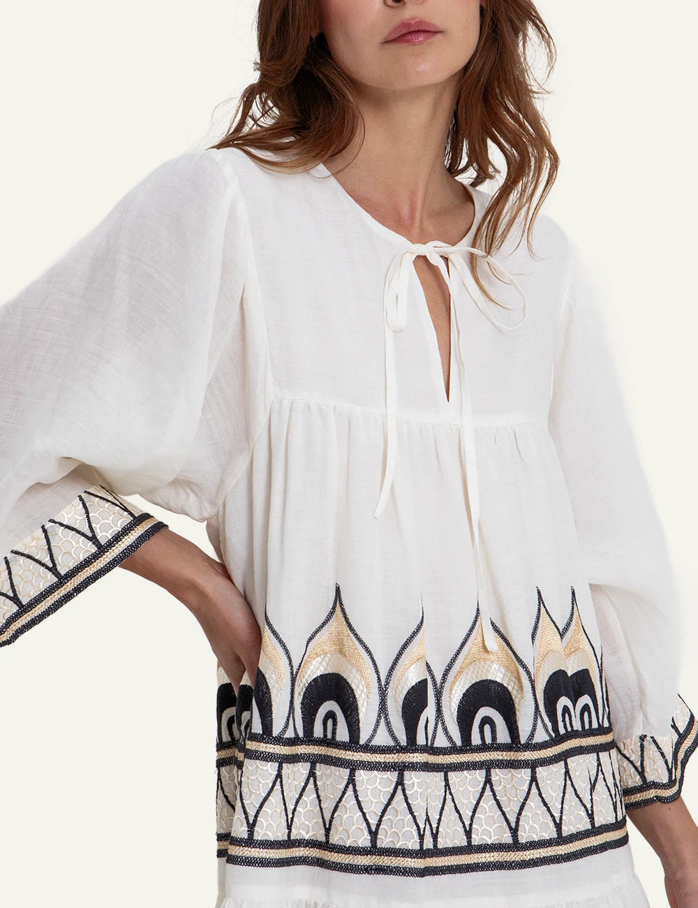 Greek Archaic Kori mini dress white embroidered boho front detail view