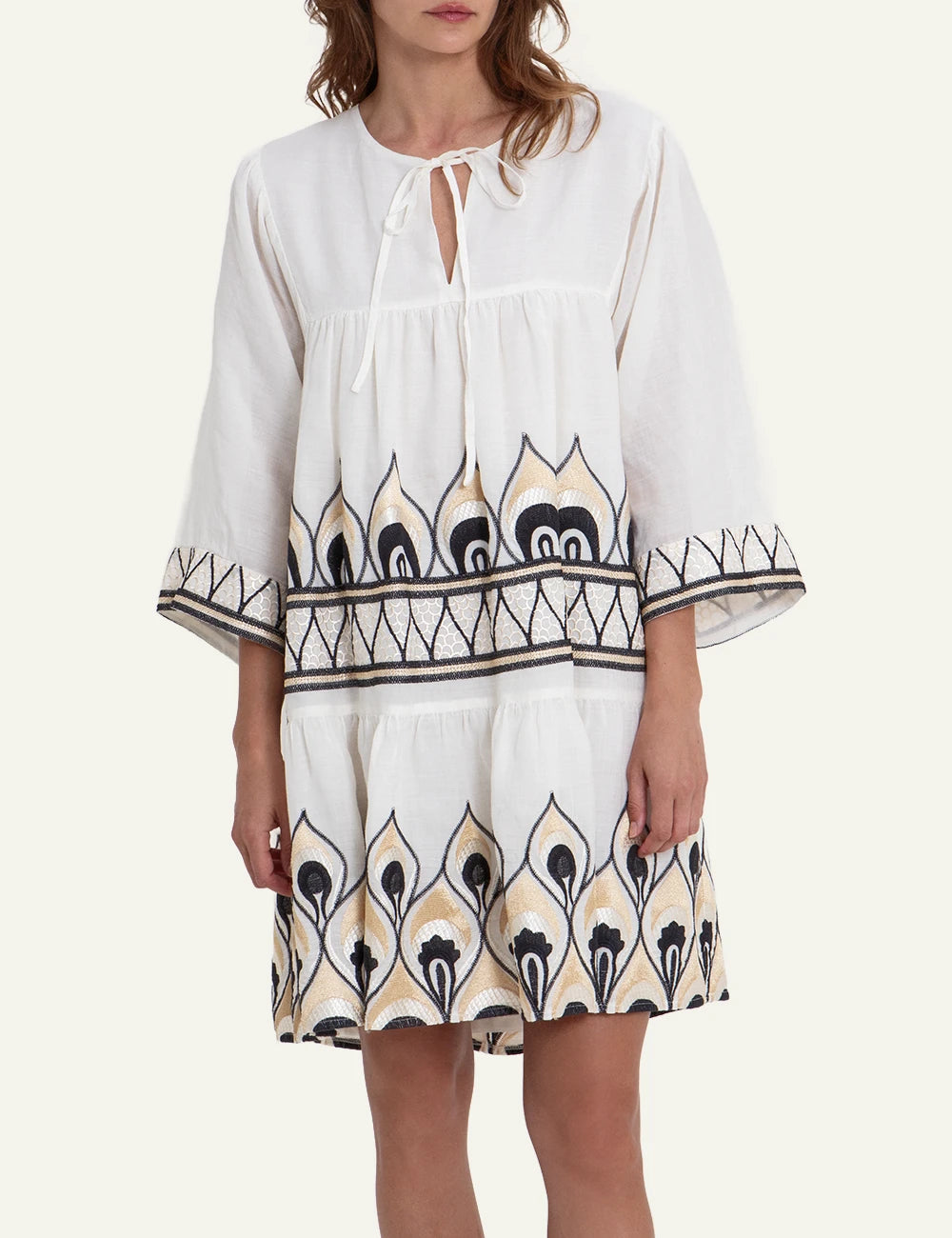 Greek Archaic Kori mini dress white embroidered boho front view