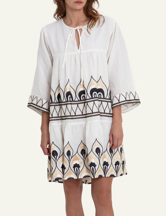 Greek Archaic Kori mini dress white embroidered boho front view