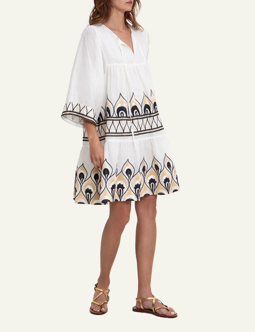 Greek Archaic Kori mini dress white embroidered boho side view