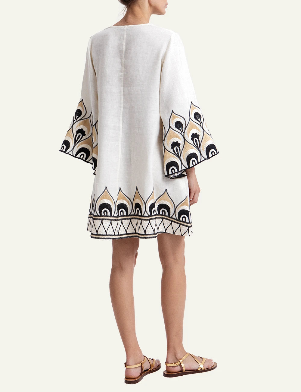 Greek Archaic Kori mini dress white embroidered boho back view