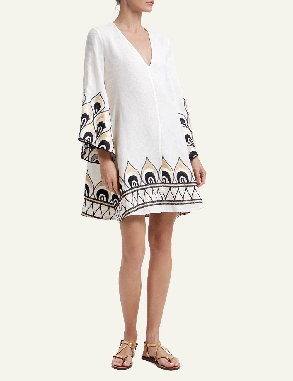 Greek Archaic Kori mini dress white embroidered boho front view