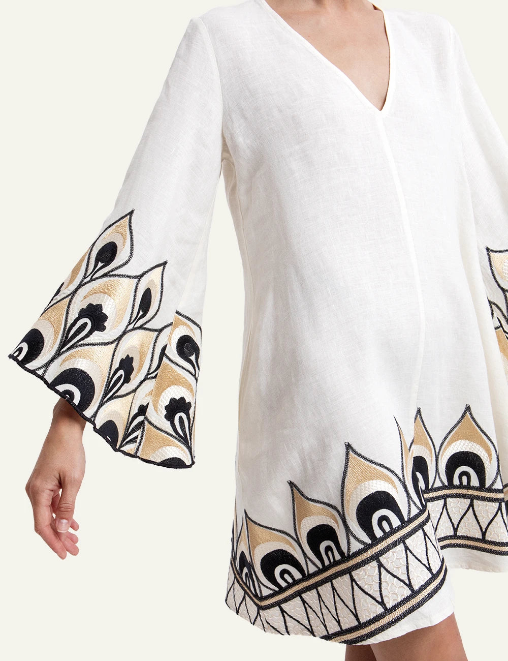 Greek Archaic Kori mini dress white embroidered boho side view