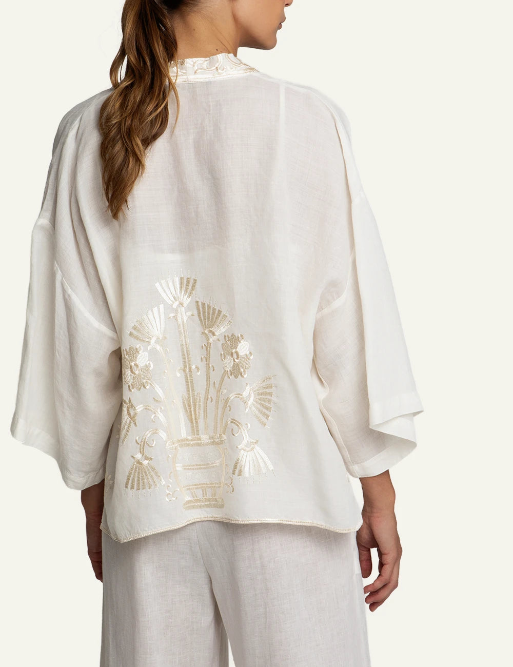 Greek Archaic Kori short kimono white embroidered back view