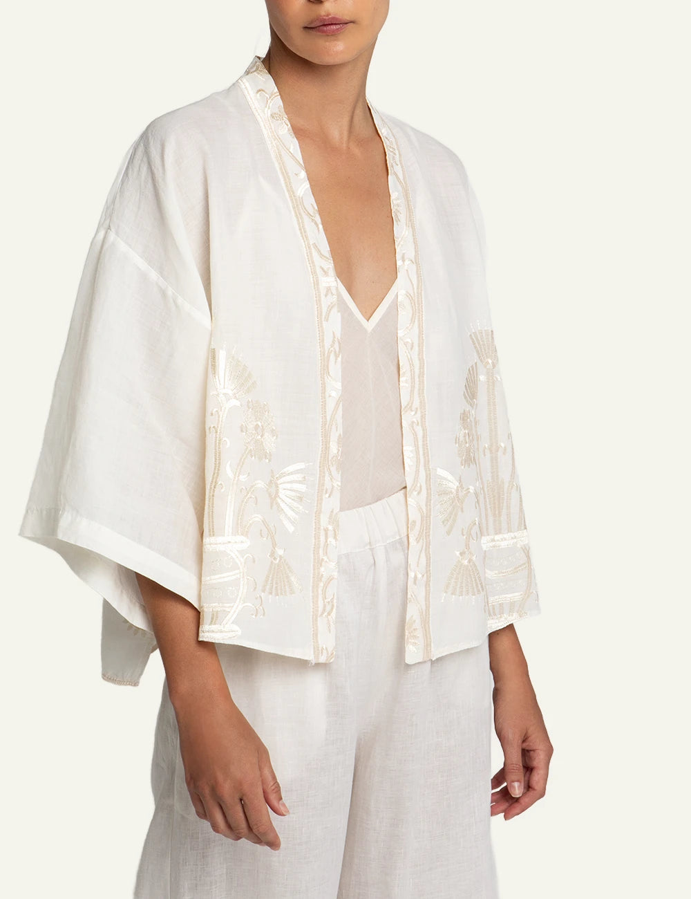Greek Archaic Kori short kimono white embroidered front view