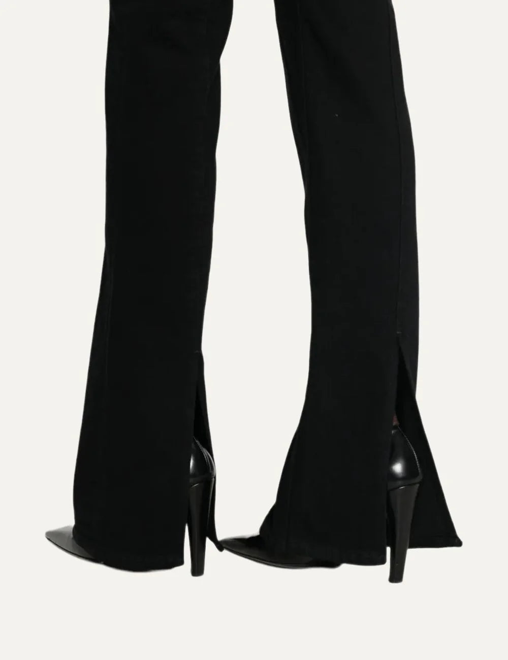 Haikure women Chewy black flared jeans with five-pocket design, back vertical seams and hem slits back view close up details