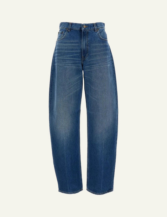 Haikure blue barrel leg denim jeans high waist front view