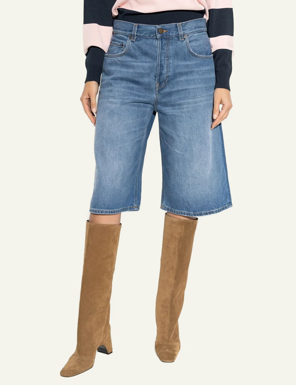 haikure wide leg denim shorts blue front        model  view