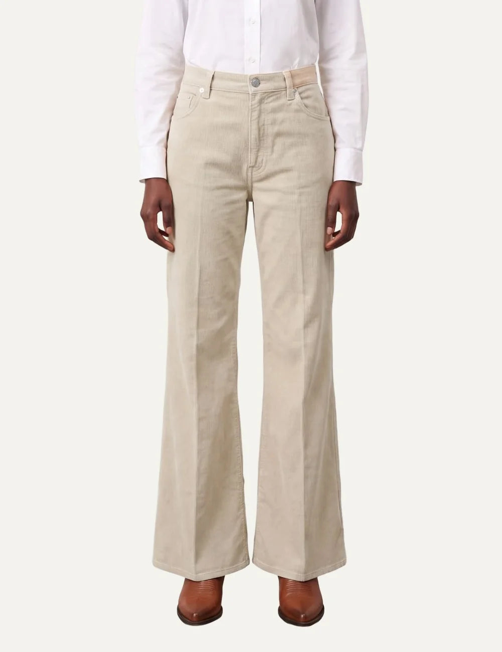 Haikure women beige cotton corduroy trousers with relaxed fit and flared leg front view