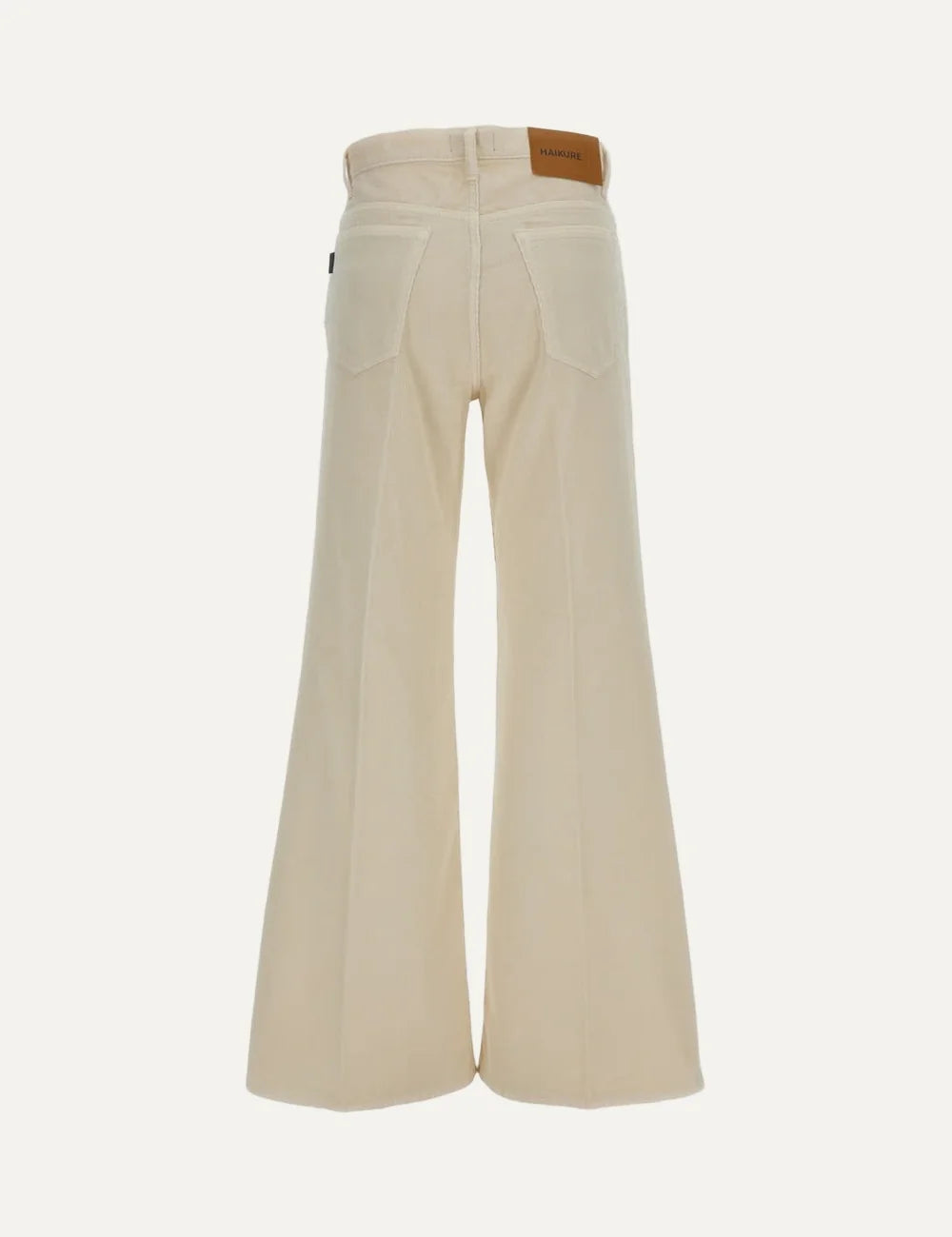 Haikure women beige cotton corduroy trousers with relaxed fit and flared leg back view