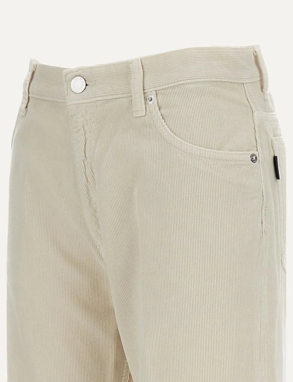 Haikure women beige cotton corduroy trousers with relaxed fit and flared leg close up view