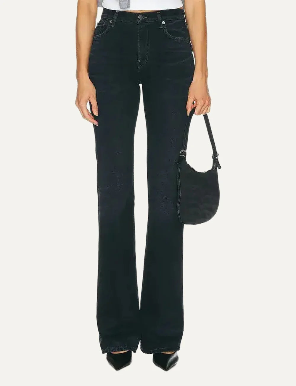 Haikure women Flora blue black flare leg jeans with light whiskering front view