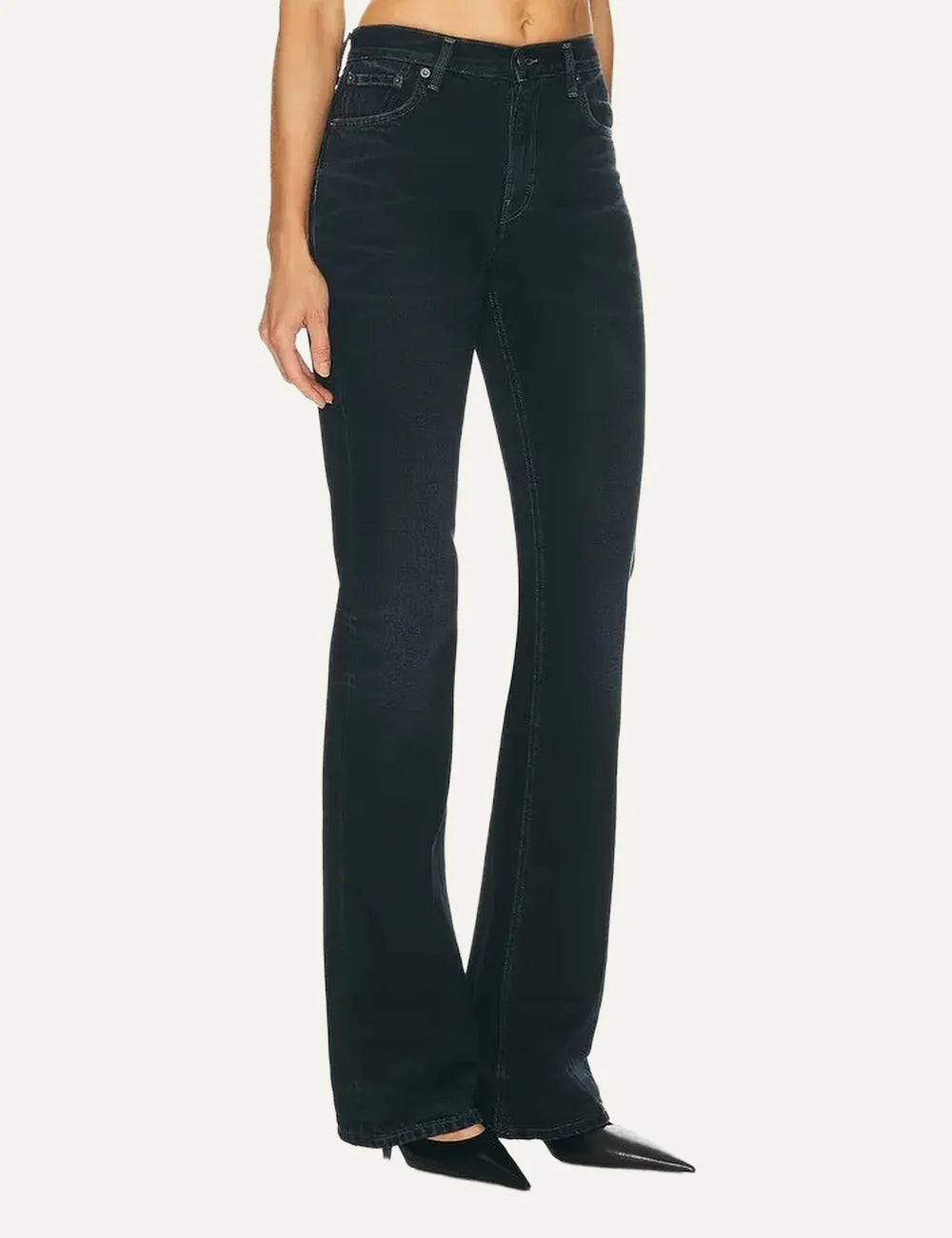 Haikure women Flora blue black flare leg jeans with light whiskering wear by model