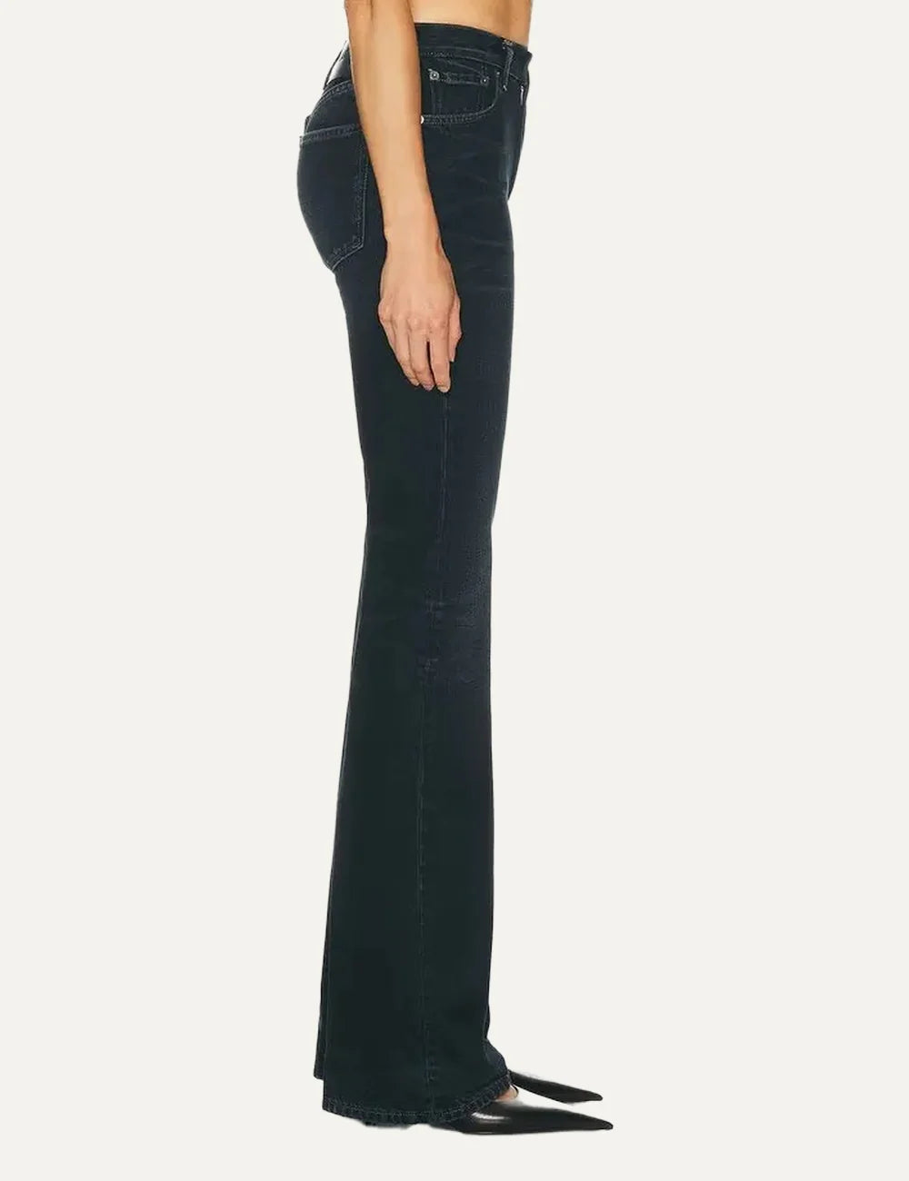 Haikure women Flora blue black flare leg jeans with light whiskering side view