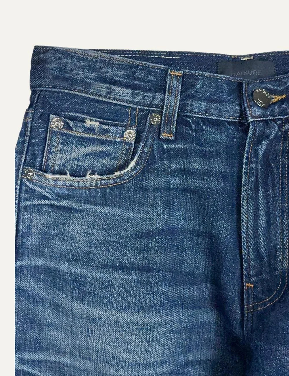 Haikure women blue regular fit organic cotton jeans with faded wash close up details